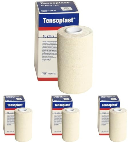 BSN - Benda Elastica Adesiva Tensoplast, Bordi Morbidi e Materiale Adesivo Poroso, Riga Centrale Gialla, Misura 4,5 m x 10 cm, 1 pezzo (Confezione da 4)