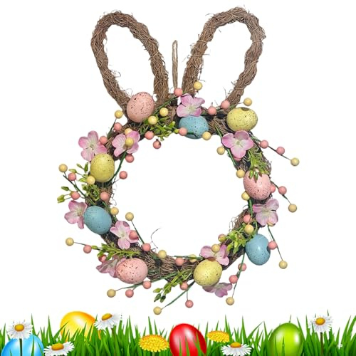 Bawiaueu Couronne de Porte Lapin de Pâques - Guirlande de Décoration Murale avec Œufs Floraux Artificiels,Décor de Couronne de Lapin pour la Porte d'Entrée,pour Fenêtre Mur Balcon Décor de Fête