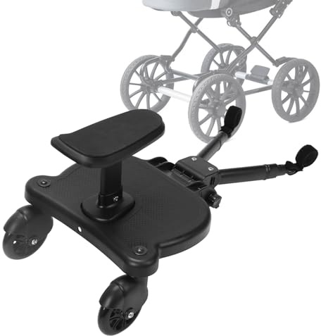 Buggy-bräda med säte, barnbräda för barnvagn, universell stegbräda med avtagbar sits, 360 graders dubbelhjul, justerbar, upp till 25 kg, svart