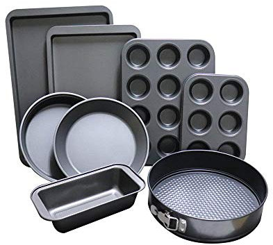 Set da forno antiaderente da 8 pezzi con vassoio per muffin, teglia da forno, teglia per torte, teglia per pagnotta e teglia a molla