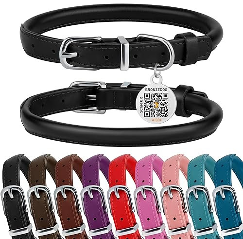 BRONZEDOG Hundehalsband aus gerolltem Leder für kleine, mittelgroße und große Hunde mit QR-ID-Tag (Schwarz glänzend, S: 30-36 cm)