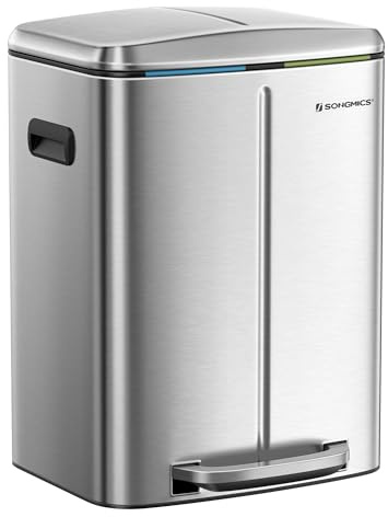 SONGMICS Double Rubbish Bin, 2 x 20L Kitchen Bin, Dual Compartment Metal Step Bin, with Plastic Inner Buckets, Soft-Close Lids, and Handles, Odour Seal, Silver LTB40NL