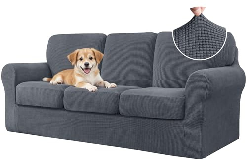 CHUN YI 7 Piece Couch Covers Sofa Covers Washable, Stretch Sofa Slipcovers for 3 Cushion Couch with Seperate Backrest and Cushion Covers, Anti Slip Furniture Protector for Dogs Pets (Large, Grey)