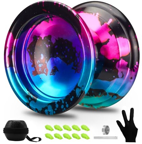 FETESNICE 1.No Professional Yoyo for Adults - Responsive & Unresponsive Metal Yoyo Set for Beginners & Advanced Players, Includes 10 Strings, Glove, and Carry Bag (Black, Blue, Pink)