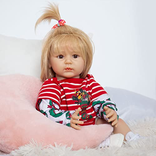 YIHANGG 55CM Blondes Kurzes Haar Reborn Babypuppen Kleinkind Mädchen 22 Zoll Prinzessinnenpuppen Mit Rotem Anzug Stoffkörper Aus Vinyl Realistische Puppe Spielzeuge Geburtstag Geschenke,Brown Eyes