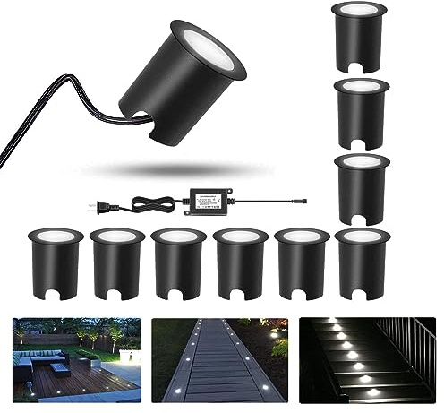 RNEHON 10 Pack Recessed LED Deck Light Kit,12V Low Voltage In Ground Outdoor LED Landscape Lighting IP67 Waterproof,Natural White Deck Lighting for Garden,Yard Steps,Stair,Patio,Kitchen Decoration