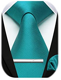HISDERN Corbata de boda de color sólido verde azulado y pañuelo de bolsillo, juego de clip de corbata clásico para hombres