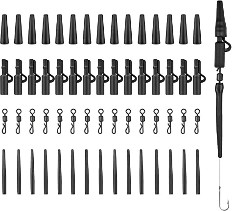 Realure 60 Pcs Lead Clips Carp Fishing Accessories Safety Lead Clips Action Pack with Clips Anti Tangle Sleeves Rubber Tails and Quick Change Swivels for Small Weights,Feeder (Black)