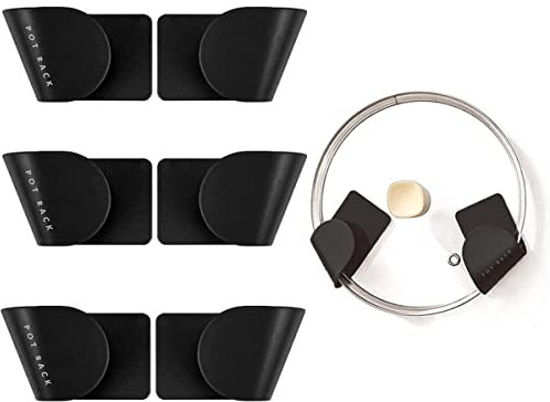 Menmamenma 6 Pcs Pan Lid Holder Adjustable Pot Lid Rack Plastic Self-Adhesive Cabinet Door Wall Mount Kitchen Storage for Home Kitchen Plates Towels Utensils Organizers - Black