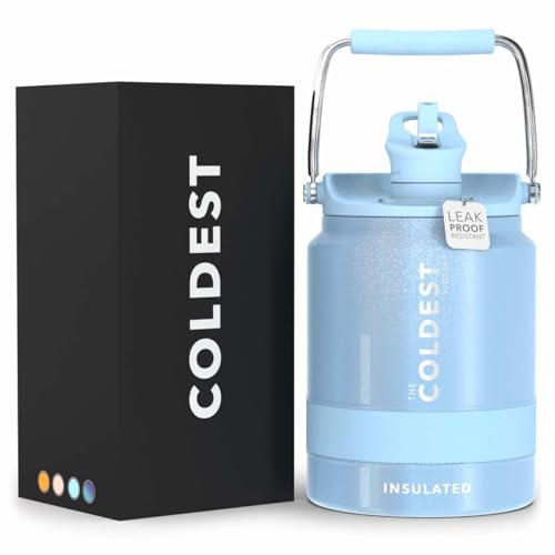 COLDEST Sports Water Bottle Half Gallon (Straw Lid), Leak Proof, Vacuum Insulated Stainless Steel, Hot Cold, Double Walled, Metal Canteen Growler Jug (Neptune Blue Glitter, Half Gallon)