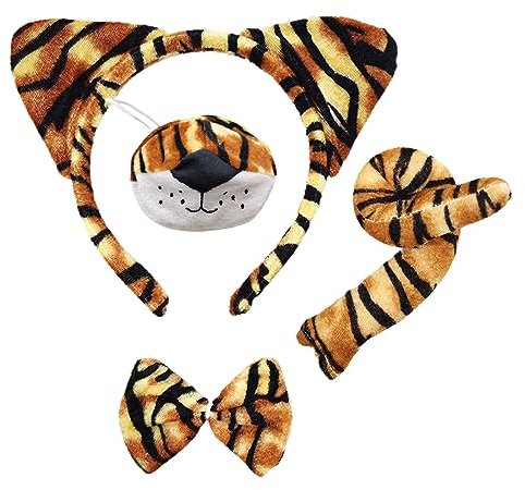 SKHAOVS 4 Stück Tiger Kostüm Set,Anzug mit Tigerohren, Schwanz, Nase und Fliege,Tierkostüm-Set,Tiger-Rollenspiel-Kostüm für Erwachsene Kinder Kindertagsspiele Karnevalsparty Cosplay (4 Stück)
