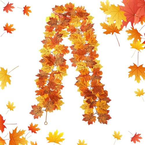Artificial Autumn Maple Leaves Garland Autumn Decorations Autumn Garland Autumn Decor Pumpkin Decorations Thanksgiving Christmas Halloween for House Garden Wall Doorway Fireplace Autumn Decoration