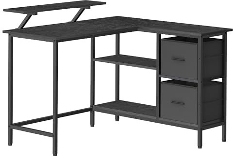 VASAGLE L-förmiger Schreibtisch, 2 geräumige Schubladen, Computertisch mit Monitorständer, Eckschreibtisch, Gaming-Tisch mit Verstellbarer Ablage 115 x 105cm ebenholzschwarz LWD097B56