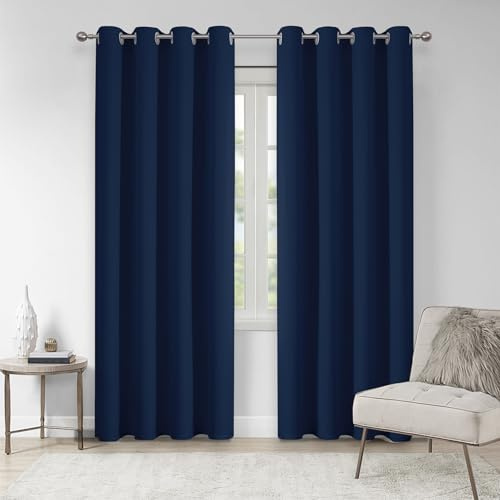VEHEDE Navy Blackout Window Curtains for Bedroom, Eyelet Thermal Insulated Curtain for Living Room, Soft Soundproof Curtains for Sliding Door, W46 x L90 Inch Drop Pair, Navy Blue, 2 Drapes