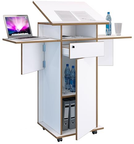 VCM Holz mobiles Rednerpult/Maße ca. H. 107 bis 128 cm x B. 60 bis 123 cm x T. 44 cm/rollbar mit Schublade/Stehpult/Stehtisch mit Tür - Salia