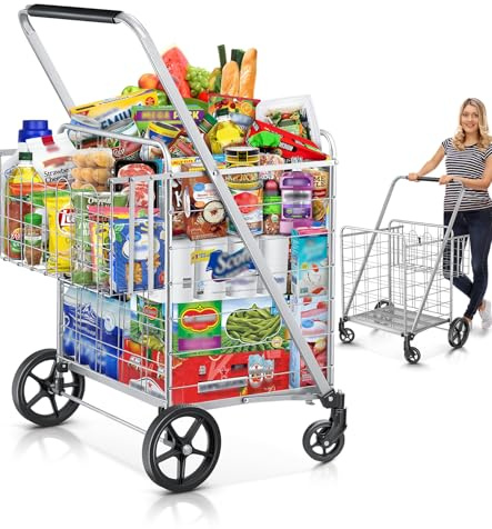Borstom Carro de la Compra Extra Grande,119T x 13B x 63,5H cm, Carrito Compra Plegable con Capacidad 208KG con Doble Cesta,Fácil Montaje, Supermercado y Mudanzas