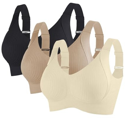 2/3 Pack Bras for Women Non Wired Seamless Bras Women Comfortable Ribbed Bralettes Sports Bra Soft Support Lift Full Coverage Bralettes Everyday Plus Size Bra with Adjustable Padded