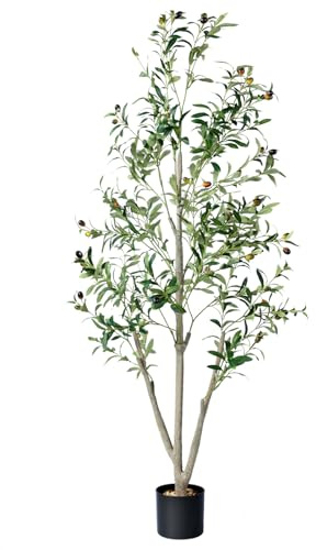 Olive Trees Artificial Indoor, 5FT Tall Faux Olive Tree with Moss and Planter, Artificial Plants Indoor with Natural Wood Trunk and Lifelike Fruits, Fake Tree for Home Office Living Room Decor