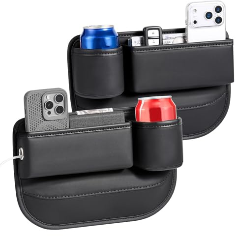 KINDLUME Pack de 2 Organizador Coche con Portavasos, Accesorios Coche de Cuero para Móvil, Llaves, Gafas de Sol – Compatible con la mayoría de turismos
