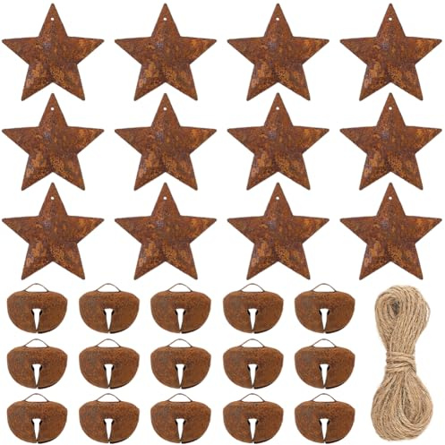 GORGECRAFT 20pz in Metallo Stelle Primitive Arrugginite Pendenti Tridimensionali in Latta Accenti di Stelle A Cinque Punte in Stile Country con 20 campanelli per Lavori Artistici Halloween Natale