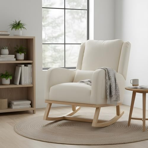 QLTXYHML Poltrona a dondolo, reclinabile ergonomica, gambe della sedia in legno, sedia da allattamento con tasche portaoggetti e cuscino lombare, ideale per soggiorno, camera da letto, cameretta dei