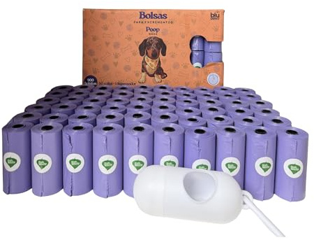 Bolsas Caca Perro Reciclables - 900 Unidades 60 Rollos - Aroma Lavanda - Excrementos - Resistentes y Fáciles de Usar - BLU PAWZ
