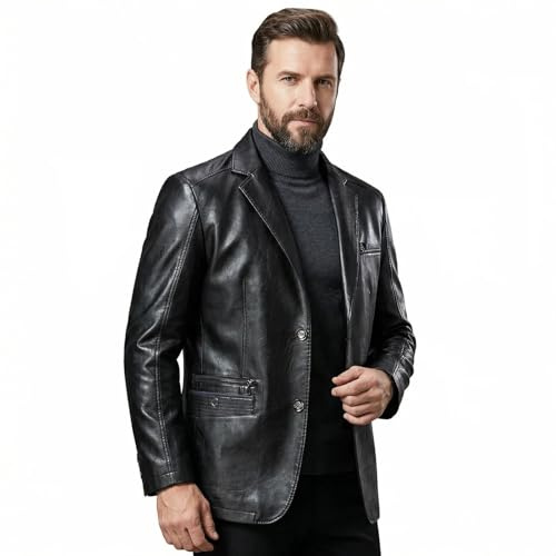 HESYSUAN Blazer en cuir souple à revers pour homme - Coupe droite - 2 boutons avec poches, Noir , 6XL