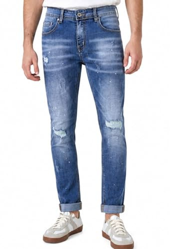 TONY BACKER - Jeans Slim Fit Uomo Elasticizzati, Jeans con Strappi Effetto Schizzi di Vernice, Denim Casual Urban, Blu Grigio, Taglie 42-52 Art. Y627