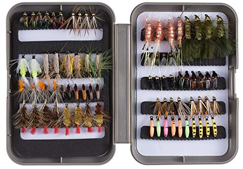 BASSDASH Mosche per pesca alla trota Steelhead al salmone, senza ardiglione, include mosche asciutte bagnate, ninfe, stelle filanti, uova, kit esche per mosche con scatola (76 mosche spinate per