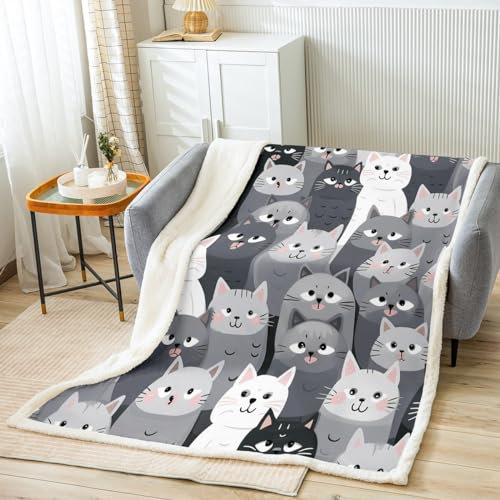 Loussiesd Katzen Decke 150x200cm Grau und Weiß Katzen Kuscheldecke Haustier Katzen Muster Wohndecke für Kinder Jungen Mädchen Katzenliebhaber Schlafzimmer Dekor 3D Tier Thema Raumdekor