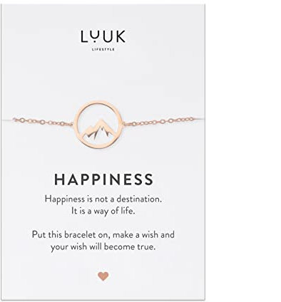 LUUK LIFESTYLE Modernes Edelstahl Armband für Damen mit Anhänger, Geschenkidee mit Spruchkarte, filigraner Freundschafts Schmuck, wasserfest & alltagstauglich, Berg I Berggipfel, roségold