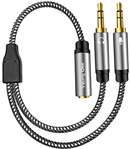 Yeung Qee Headphone Mic Splitter CTIA Standard 3.5mm Female to 2 Dual 3.5mm Jack Male Microphone Audio Y Splitter Adapter Cable Compatible with PC,Laptop Desktop,Gaming Headset,Speaker(30cm,silver)