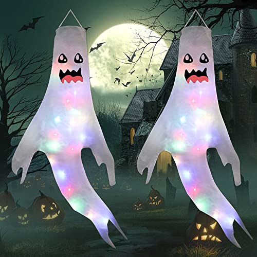 Halloween Deko Geist Dekoration mit LED Lampenperlen Windsock Flagge Wiegen im Wind für Garten Terrasse Festliche Atmosphären Motto Party Requisiten - 2Stk