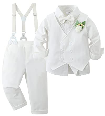 YALLET Toddler Baby Boy Clothes Suit Gentleman Wedding Outfits, Formal Dress Shirt+Bowtie+Vest+Boutonniere+Suspender Pants(V Pure White, 2-3T)