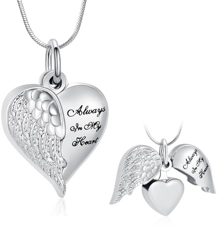 Minicremation Heart Urn Necklace Pendants for Ashes Angel Wings Cremation Jewelry for Women Men Keepsake Memorial Ash Jewelry Always in my Mind Forever in my Heart