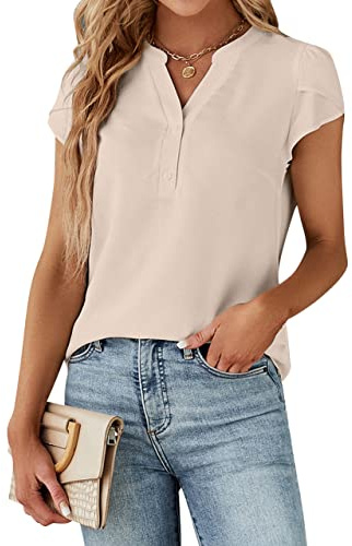 Blooming Jelly Women's Dressy Casual Tops Business Work Blouses 2026 Summer Button Down Shirts Cute Short Sleeve V Neck Outfit (Apricot,Large)