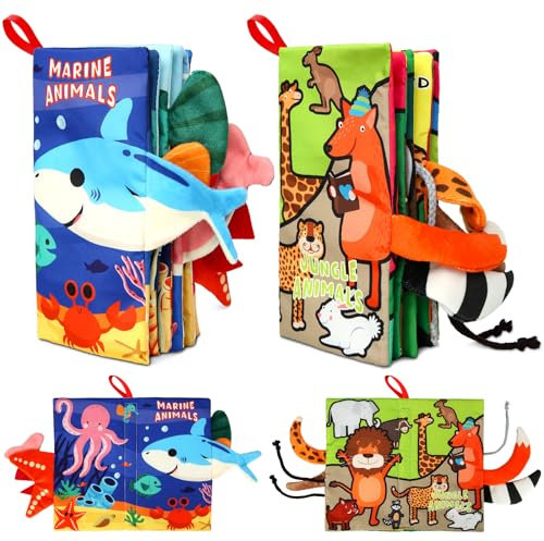 Babyspielzeug 0-6 Monate - Niedliche Tier Themen Baby Stoffbücher 6 bis 12 Monate, Montessori Spielzeug Baby, Weiches Kontrast Knitter Sinnesspielzeug, Jungen&Mädchen Kinder frühes Lerngeschenk