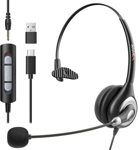 Wantek Auriculares con micrófono 601N, Auriculares 3.5mm/Type-C/USB para reuniones de Equipos de teléfonos Inteligentes de tabletas de computadoras portátiles