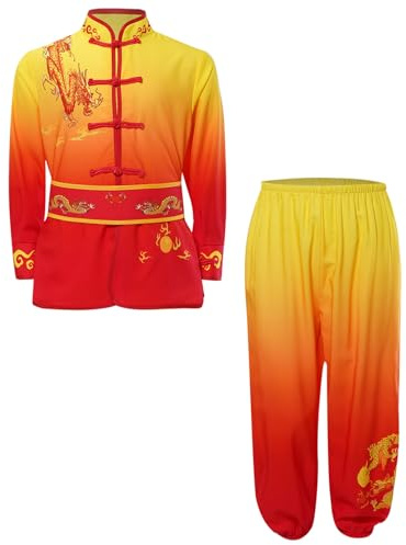 RUNQHUI Unisexe Enfant Vêtement Kung Fu Costume Chinois Traditionnel Arts Martiaux Veste Manches Longues et Pantalon Tenue Tai Chi Kung Fu Shaolin 3-16 Ans Jaune&Rouge 13-14 ans