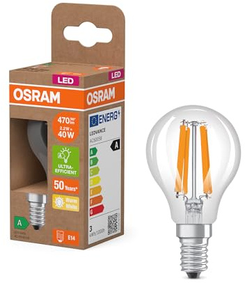 Osram Energy Class LED-Lampe in klassischer Miniballform, 2.2 W / 470 lm, EEK A, warmweißes Licht (2700 K), CRI 80, aus klarfarbenem bleifreiem Glas, E14 Sockel, IP20, 45 mm Durchmesser.