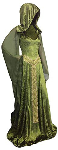 Cyborey Abito medievale con cappuccio da donna, con lacci, stile rétro, verde, lungo, per adulti, Halloween, cosplay, costume, verde, S