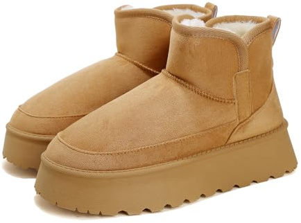 Jifenkla Botas de Nieve Mujer,Botines con diseño de encaje ondulado de moda，Forradas con Pelo Botas de Invierno,Impermeables Antideslizantes Zapatos,Senderismo Deportes Trekking, Marron, Talla 37