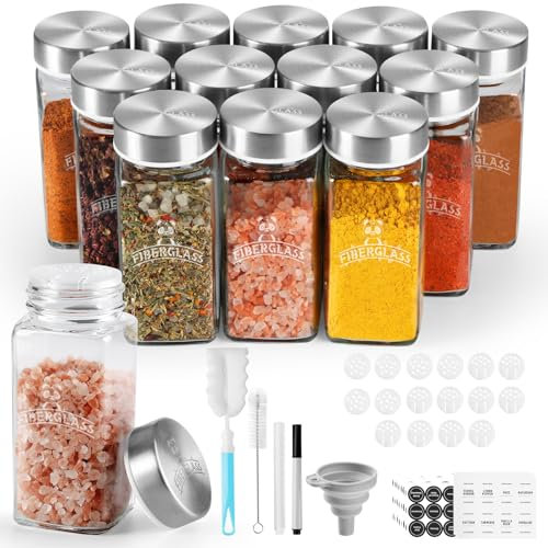 SXTIHD Tarros de cristal para especias, cuadrados, 12 × 120 ml, juego de recipientes para guardar especias con tapas de acero inoxidable, etiqueta