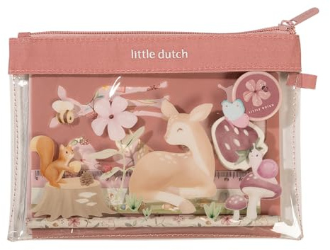 Little Dutch Skrivset (fodral, anteckningsbok, klistermärke, linjal, suddgummi, blyertspenna, pennvässare och stencil) barn flickor REH rosa – Fairy Garden