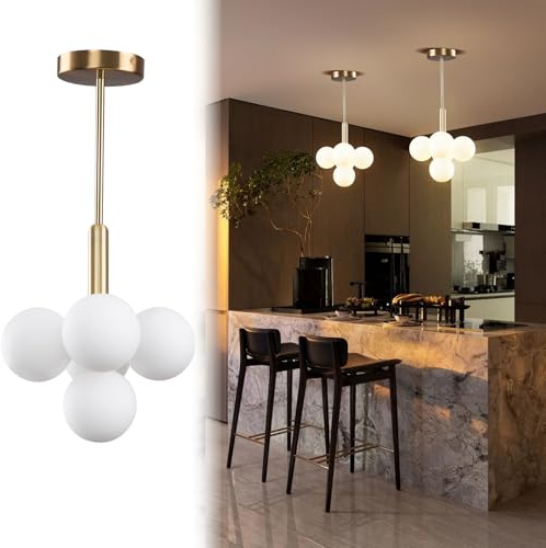 JUJUQI Moderne Gold Kronleuchter,Weißem Glas Globe Pendelleuchten, 5-flammiges Design,Verstellbare Vintage Hängeleuchte,Halbeinbau Deckenleuchte,Geeignet für Flur,Esszimmer und Küche