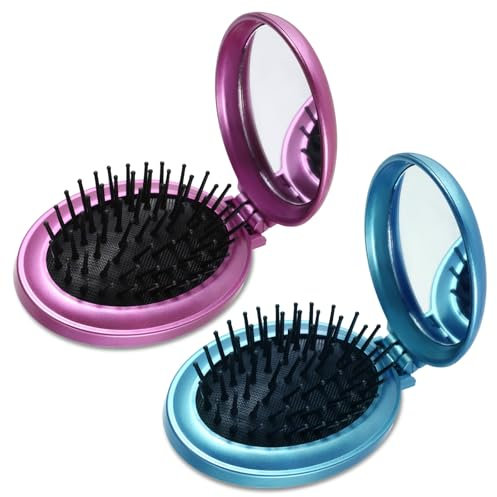 2 Stück Runde Haarbürste mit Kleiner Spiegel Mini Haarbürste Faltbare Kamm mit Reise Spiegel Tragbar Bürste Rundbürste Klein Kompakte Haarbürste für Männer Mädchen Frauen (blau und Lila)
