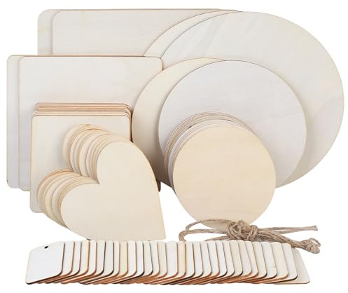 70 Pcs Discos de Madera Redondos, Cuadrados & Corazones de Madera Manualidades sin Acabado para Bricolaje Tallado Grabado Láser Pintura Decoración (8 Tamaños), con Cuerda de Yute