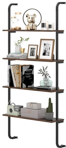 HOMASIS Scaffale a Scala a 4 Livelli, Libreria da Parete in Legno con Struttura in Metallo, Libreria Salvaspazio e Aperto per Ufficio, Soggiorno, Cucina, Camera da Letto, 70 x 20,5 x 150 cm (Marrone)