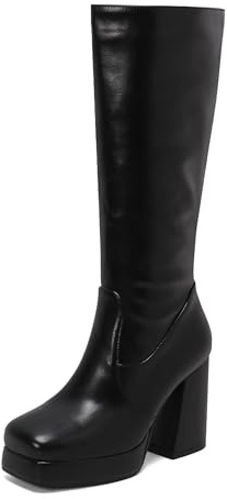 Lroey Reoly Donna Tacco Alto a Blocco Stivali Alti con Plateau Square Toe Quotidiana Cx859 Nero Numero 37 EU