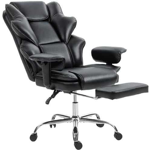 HOMCOM Sedia Ufficio Ergonomica con Poggiapiedi, Poltrona Direzionale Reclinabile in Pelle PU, Portata 180kg, Girevole, Schienale Alto, Braccioli Imbottiti Sollevabili, Altezza Regolabile, Nero
